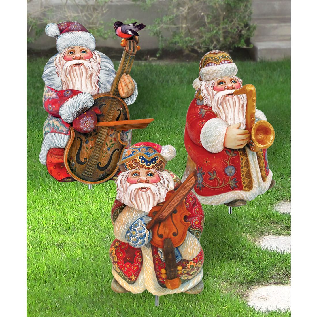 Musician Santa Outdoor Walkway Outdoor Garden Decor Set of 3 by G. DeBrekht - Christmas Decor - 8120128MS3