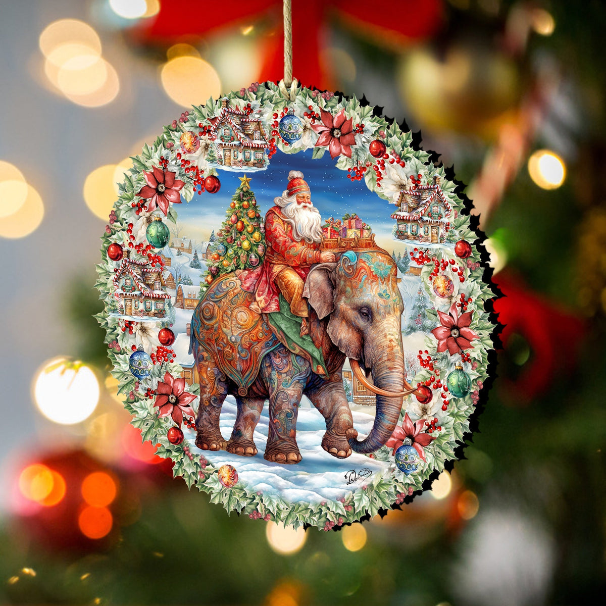 Santa on Elephant Wreath Wooden Ornaments by G. Debrekht Christmas Santa Snowman Decor - 8611043