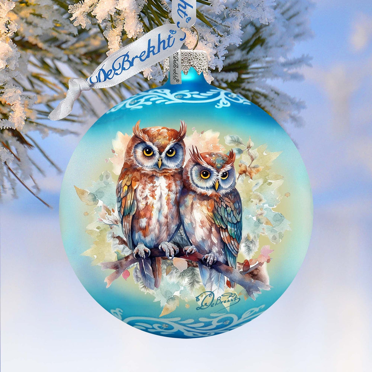 A Love for All Seasons: Wild Owls Ball Glass Ornament by G. Debrekht - Wildlife Holiday Decor - 73384
