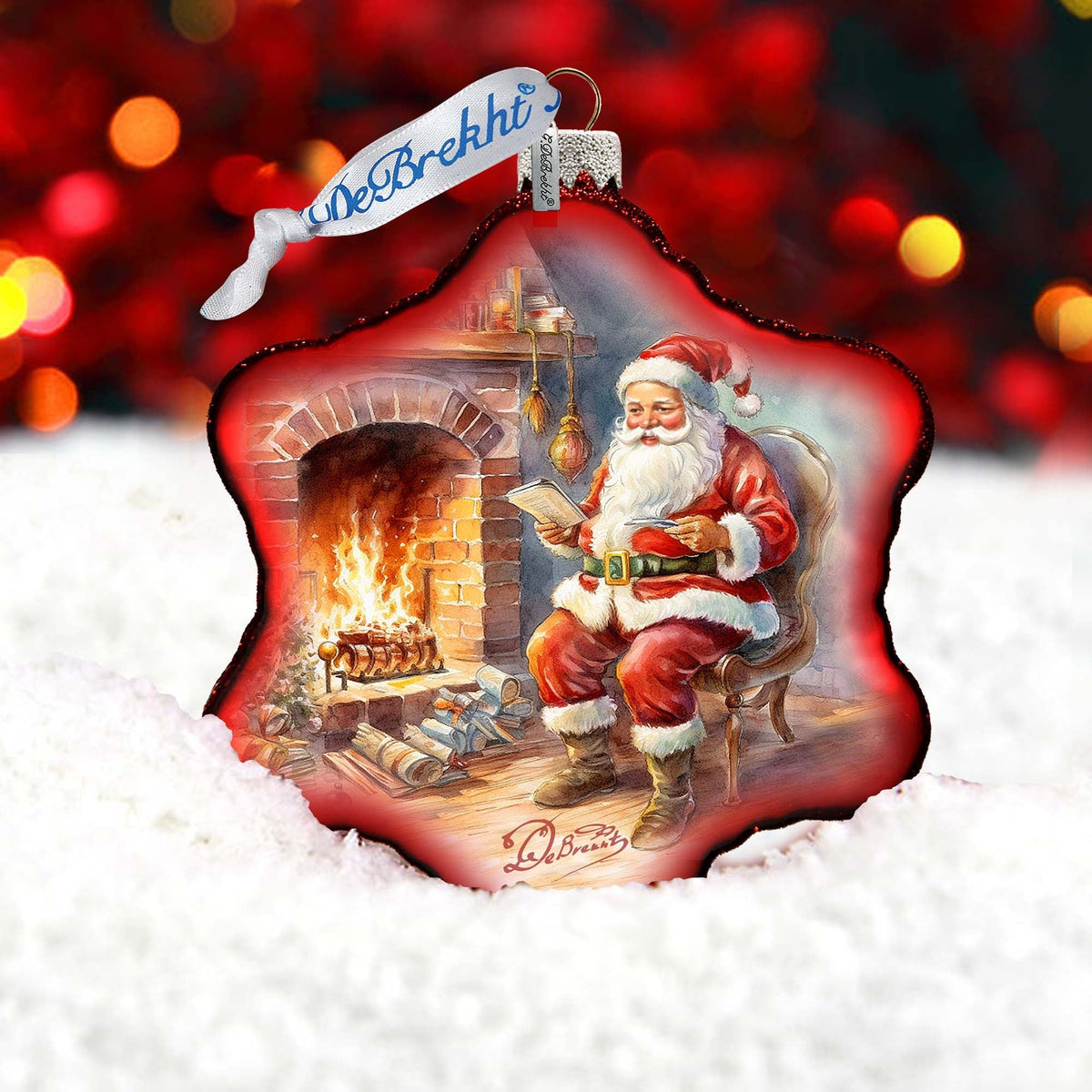 Santa at the Fireplace Snowflake Glass Ornament by G. Debrekht - Christmas Santa Snowman Decor - 754-047