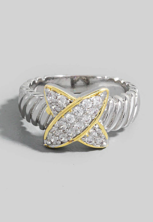 The Looks by Fame Two Tone Cz Pave X Textured Band Ring
