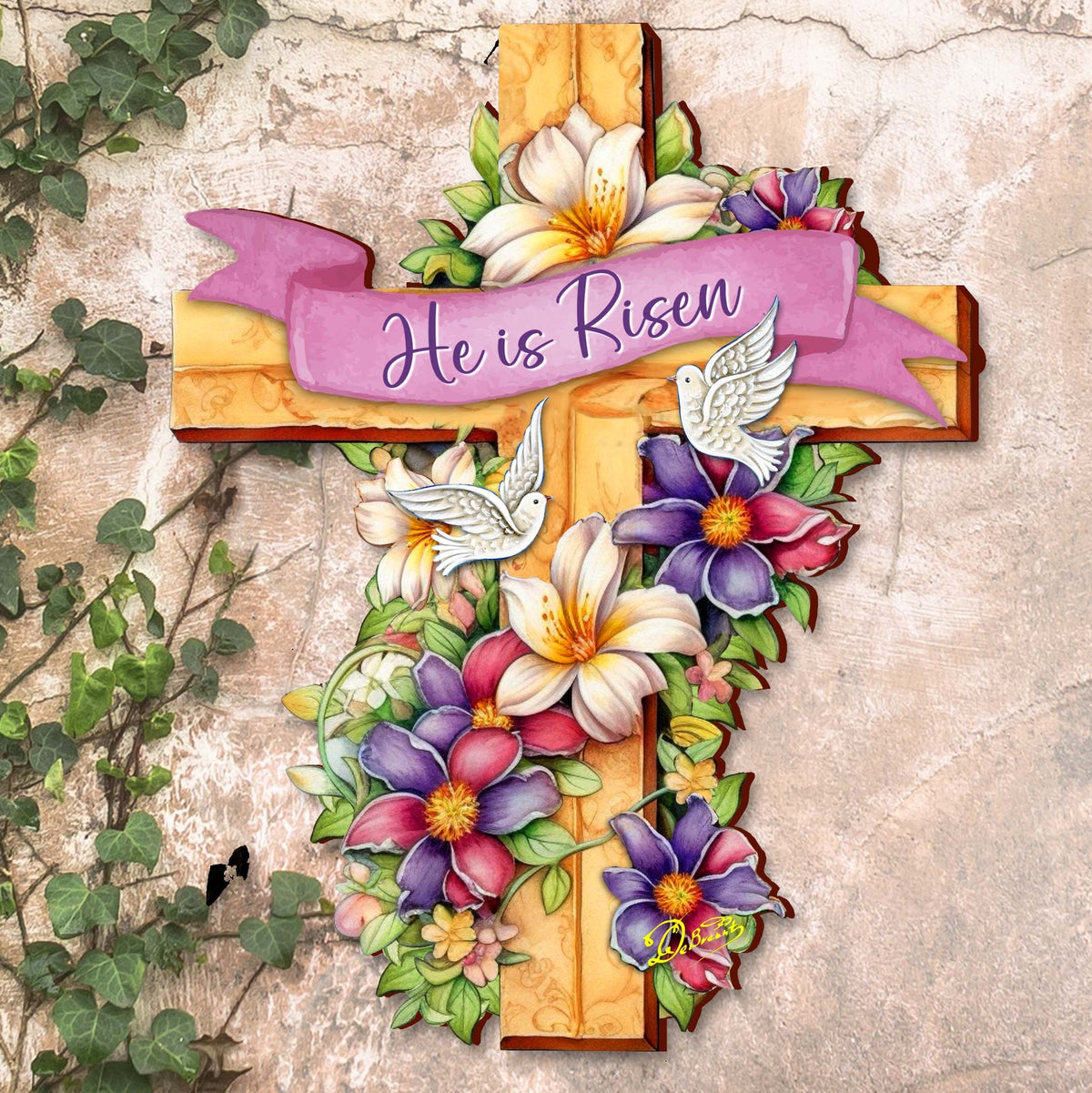 He is Risen Wooden Cross by G. Debrekht - Easter Spring Decor - 88162