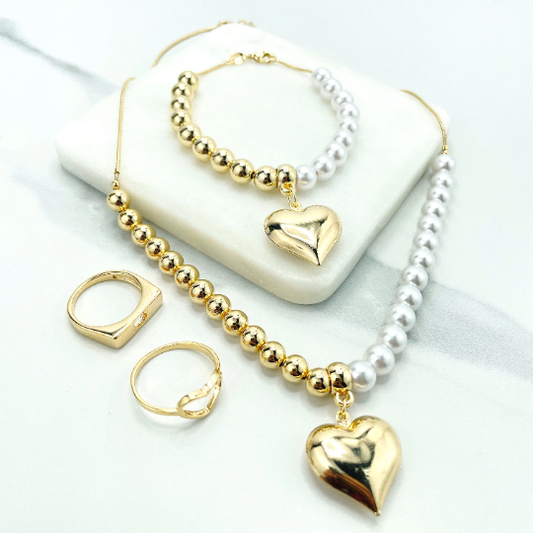 Luxus Accessories 18K Gold Filled Pearls Beads & Gold Beads Link with Puff Heart Charm Necklace and Bracelet Set