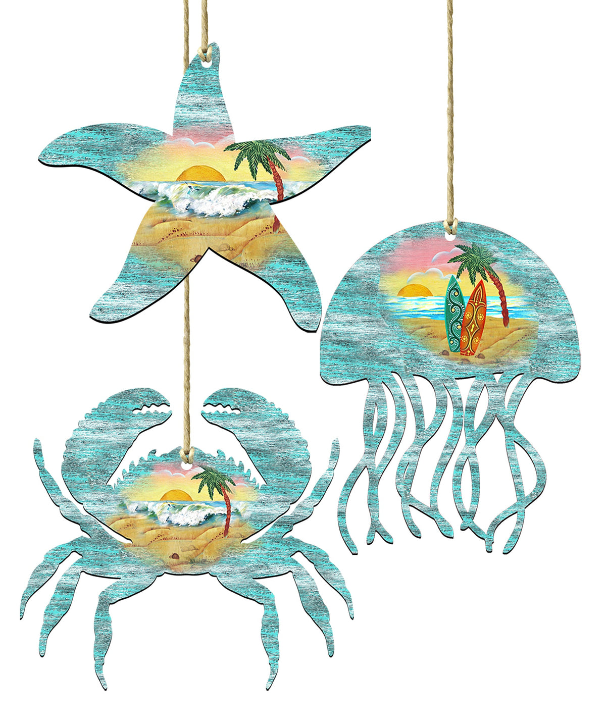 Coastal Wooden Ornaments-Starfish,Jellyfish,Crab-Set of 3 by G. DeBrekht - Coastal Holiday Décor - 8100046S3