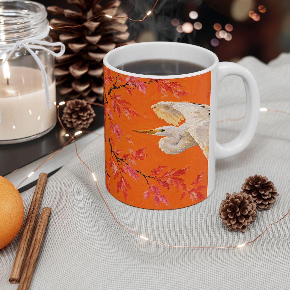 Jamaica Bay Great Egret Ceramic Mug — Orange Coffee or Tea Cup (11oz)