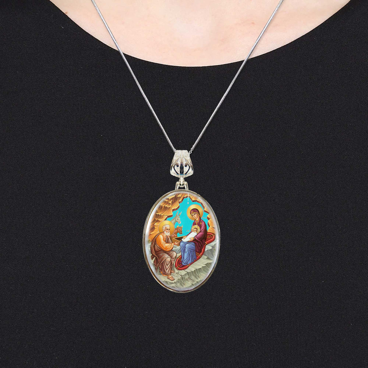 Orthodox Nativity Silver Plated Mother of Pearl Necklace Jewelry - 43052