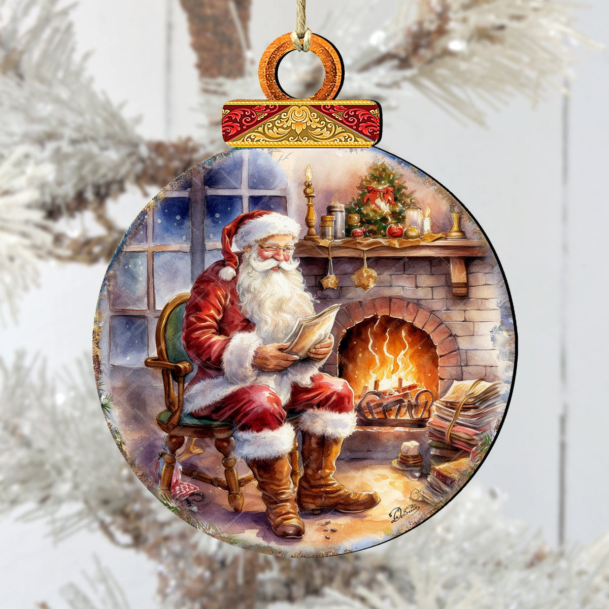 Santa at the Fireplace Wooden Ornaments by G. Debrekht Christmas Santa Snowman Decor - 8611089