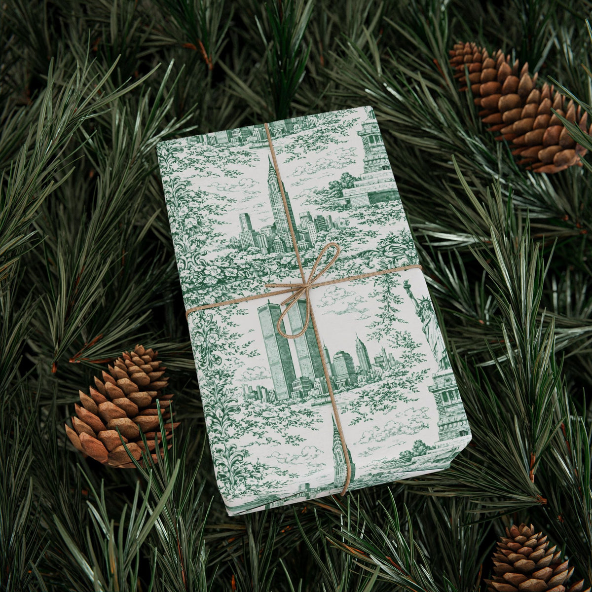 Manhattan NYC Green Toile Gift Wrapping Papers Chinoiserie Old New York City Gift Wrap Empire State Building Twin Towers Statue of Liberty