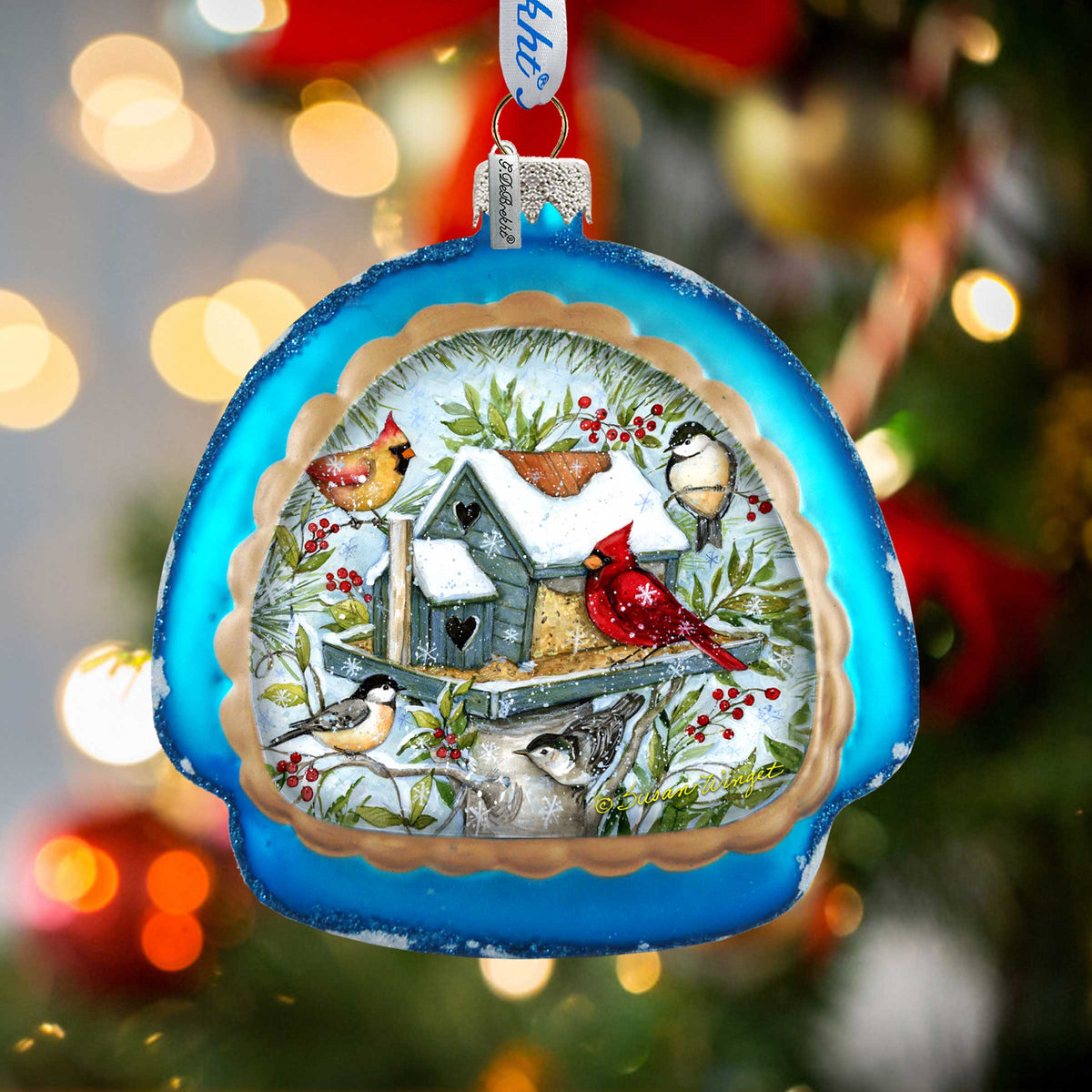 Mercury Glass Birdhouse - Winter Cardinals - Christmas Tree Decor by Susan Winget - Welcome Winter - Handmade Gift - Handblown Glass - 756-115-SW