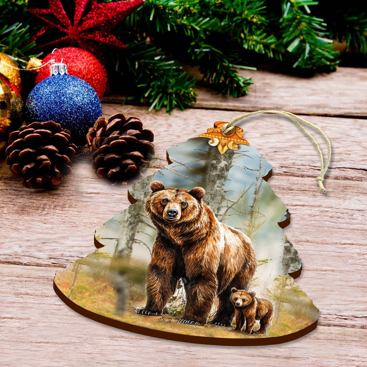 Forest Grizzly Bond Tree Wooden Ornaments by G.Debrekht - Wildlife Holiday Decor - 870010