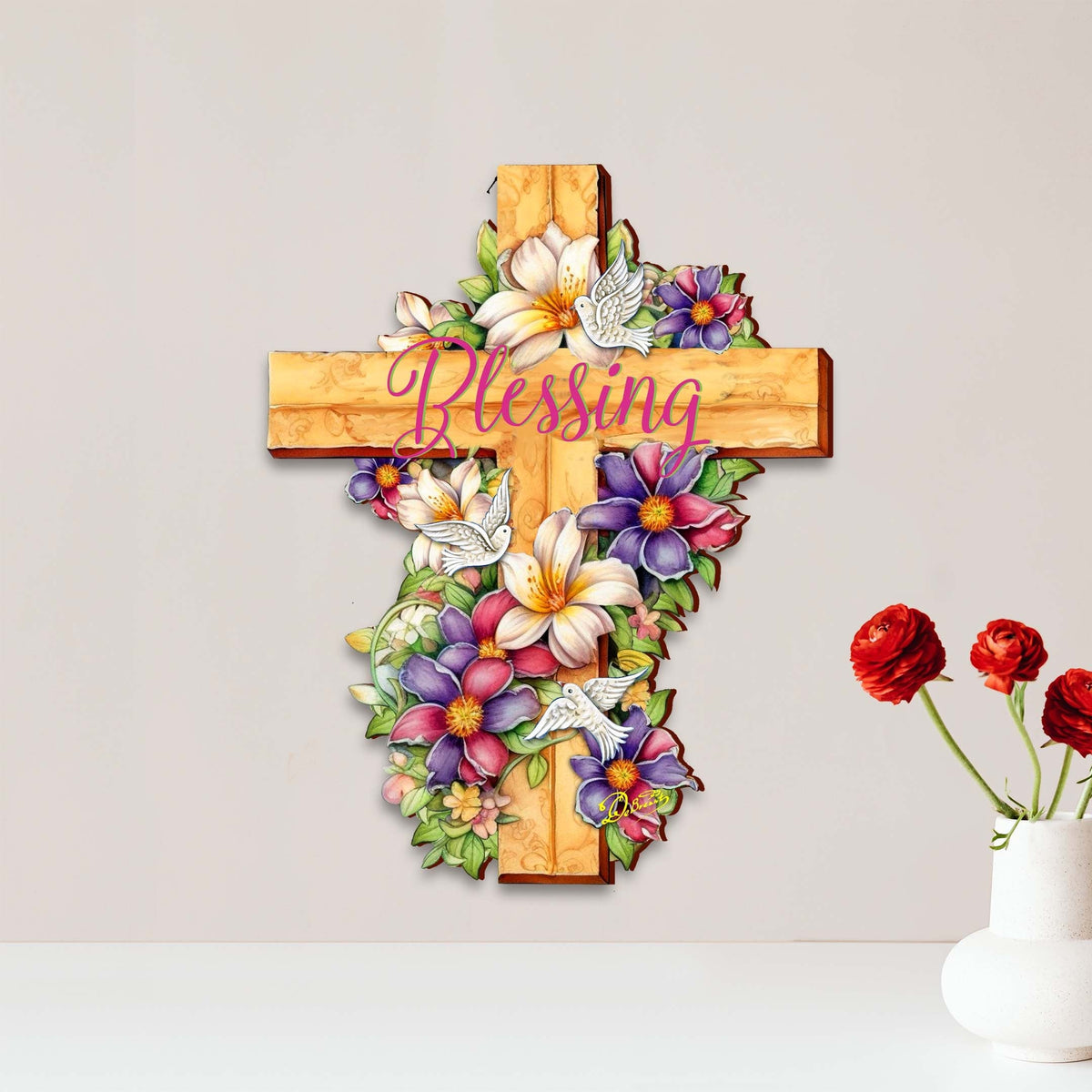 Floral Dove Blessing Wooden Cross by G. Debrekht - Easter Spring Decor - 88163