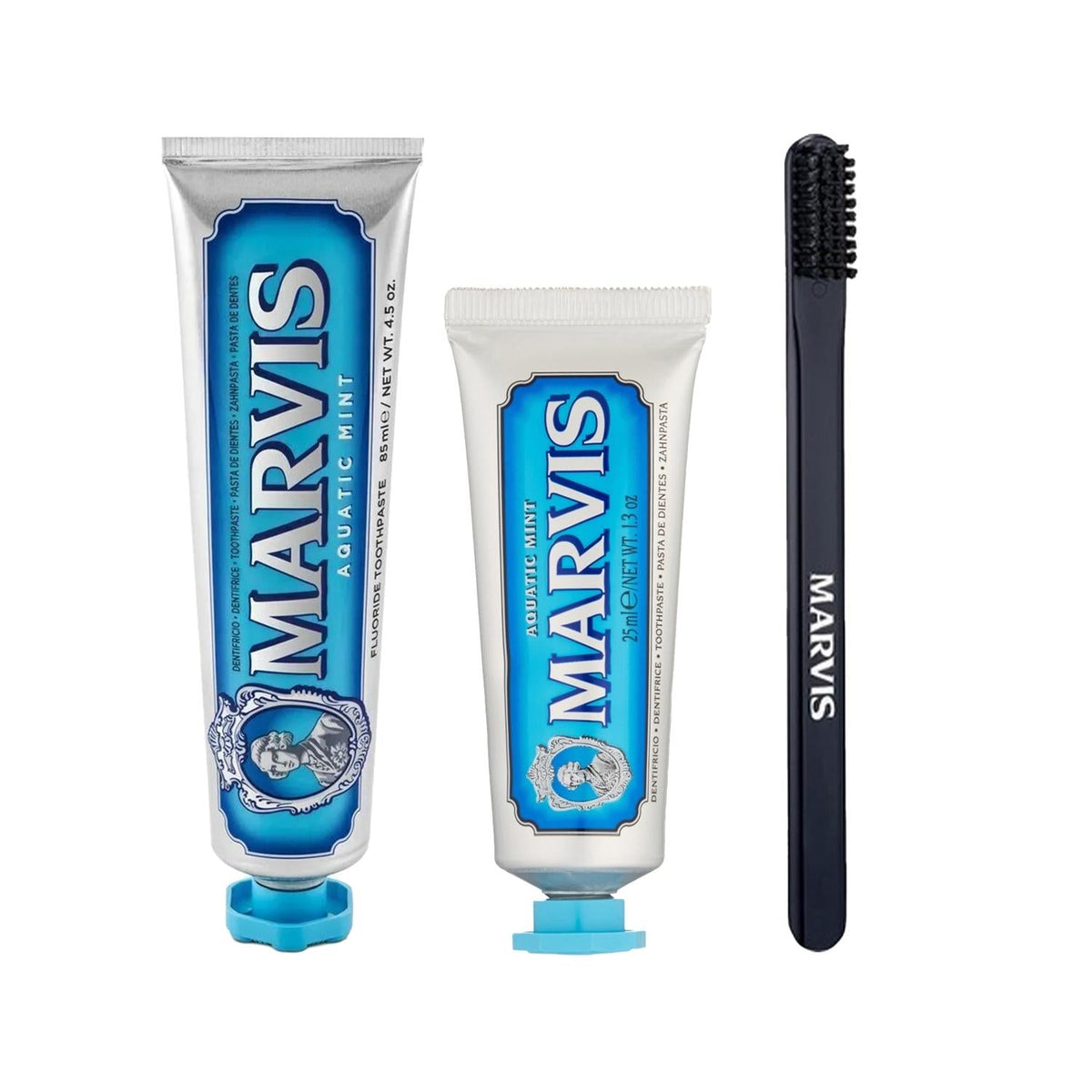 Marvis Premium Toothpaste and Toothbrush Set - Aquatic Mint Flavor, 85ml + 25ml - Ideal for Oral Hygiene and Travel