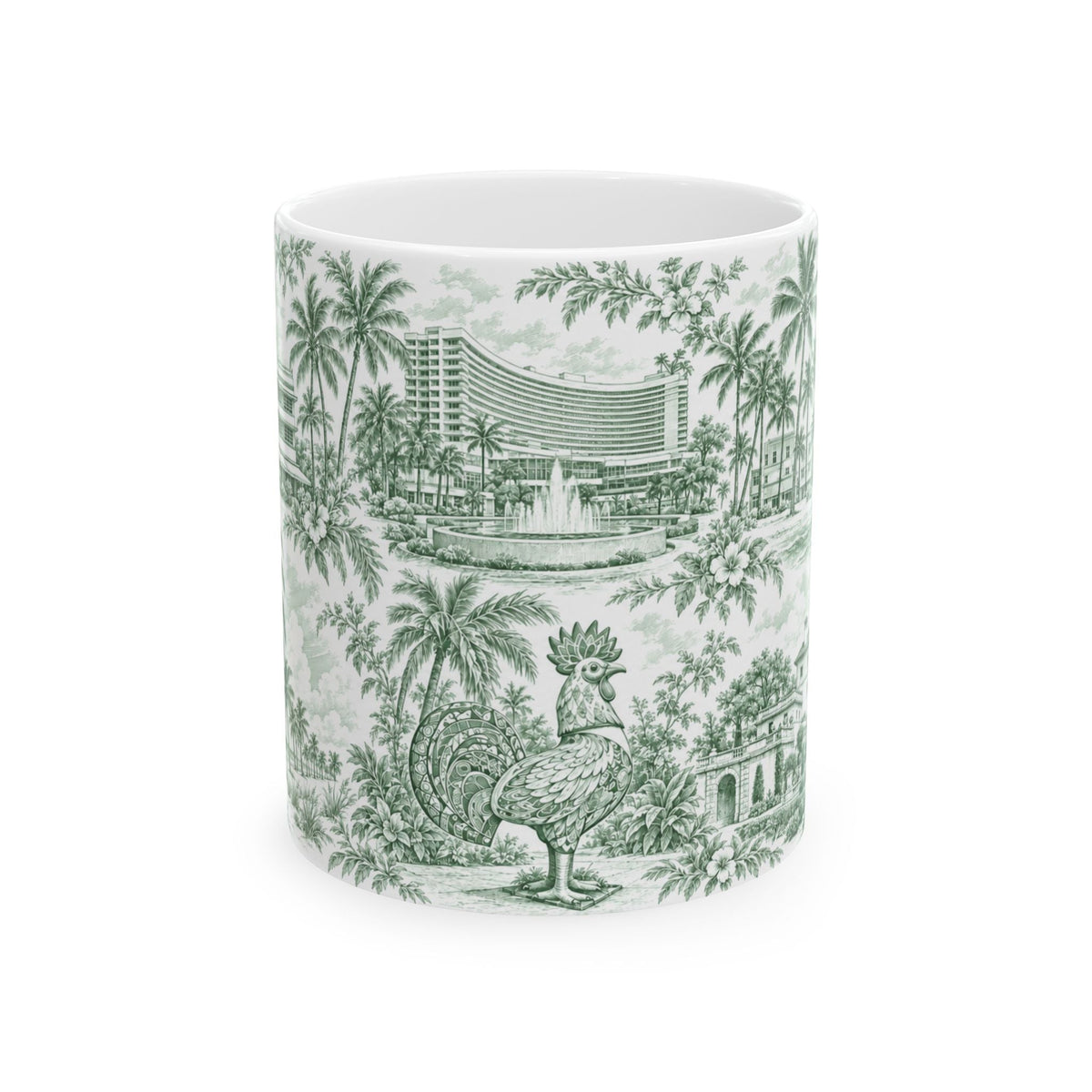 Miami Green Toile de Jouy Ceramic Mug — Vintage Palm Florida Chinoiserie 11oz
