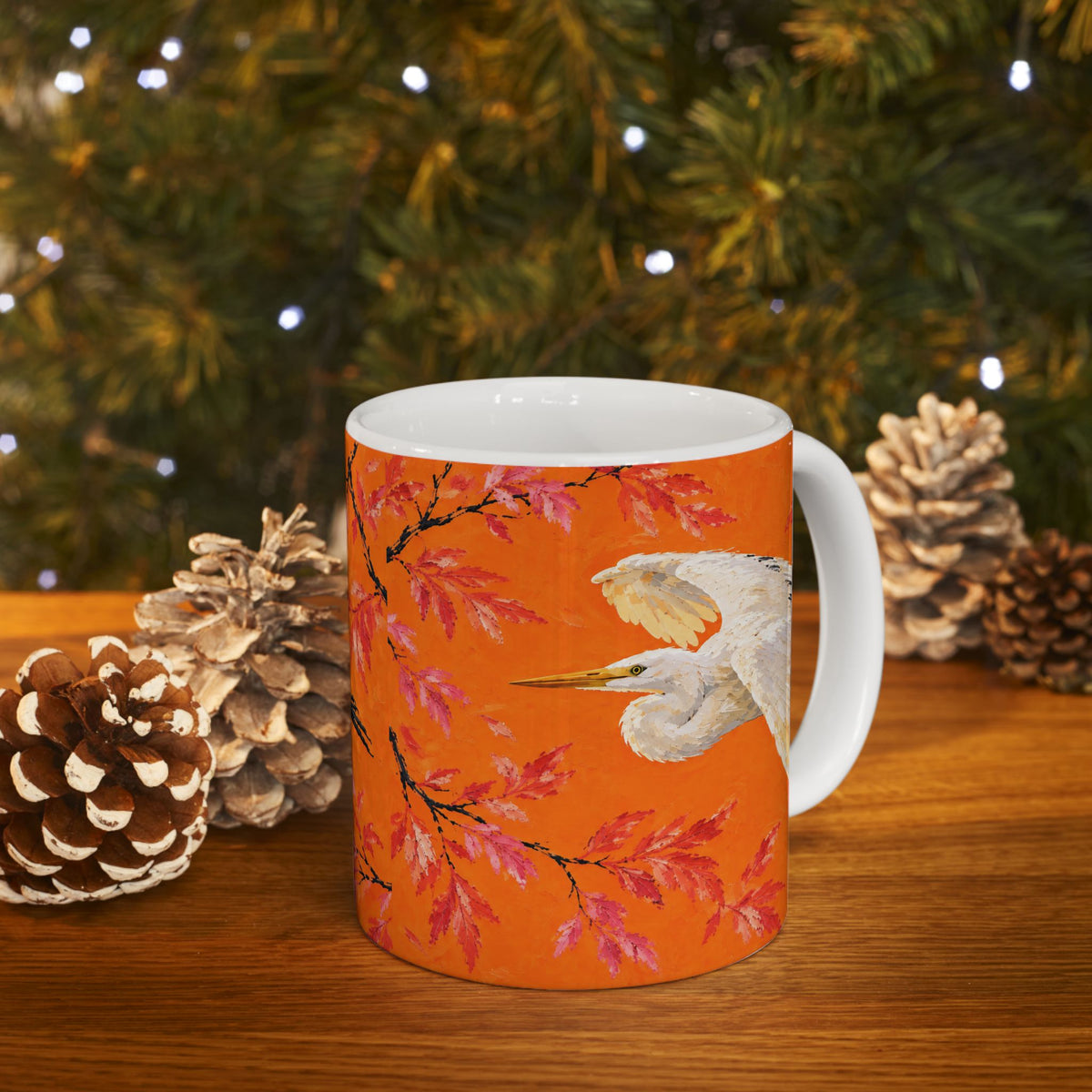 Jamaica Bay Great Egret Ceramic Mug — Orange Coffee or Tea Cup (11oz)