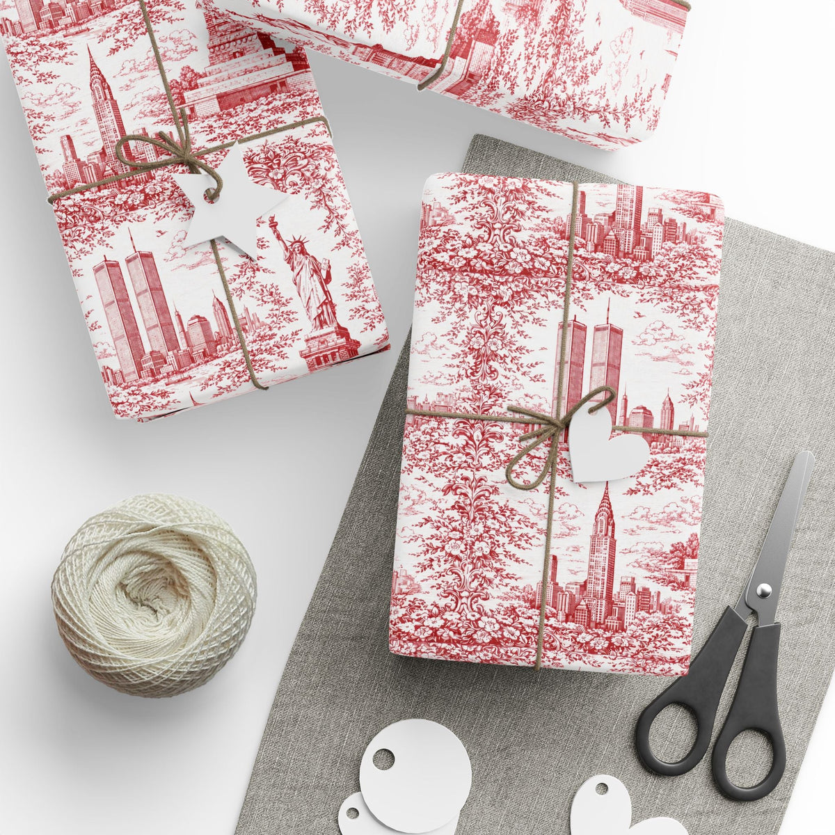 Manhattan NYC Red Toile Gift Wrapping Papers Chinoiserie Old New York City Gift Wrap Empire State Building Twin Towers Statue of Liberty