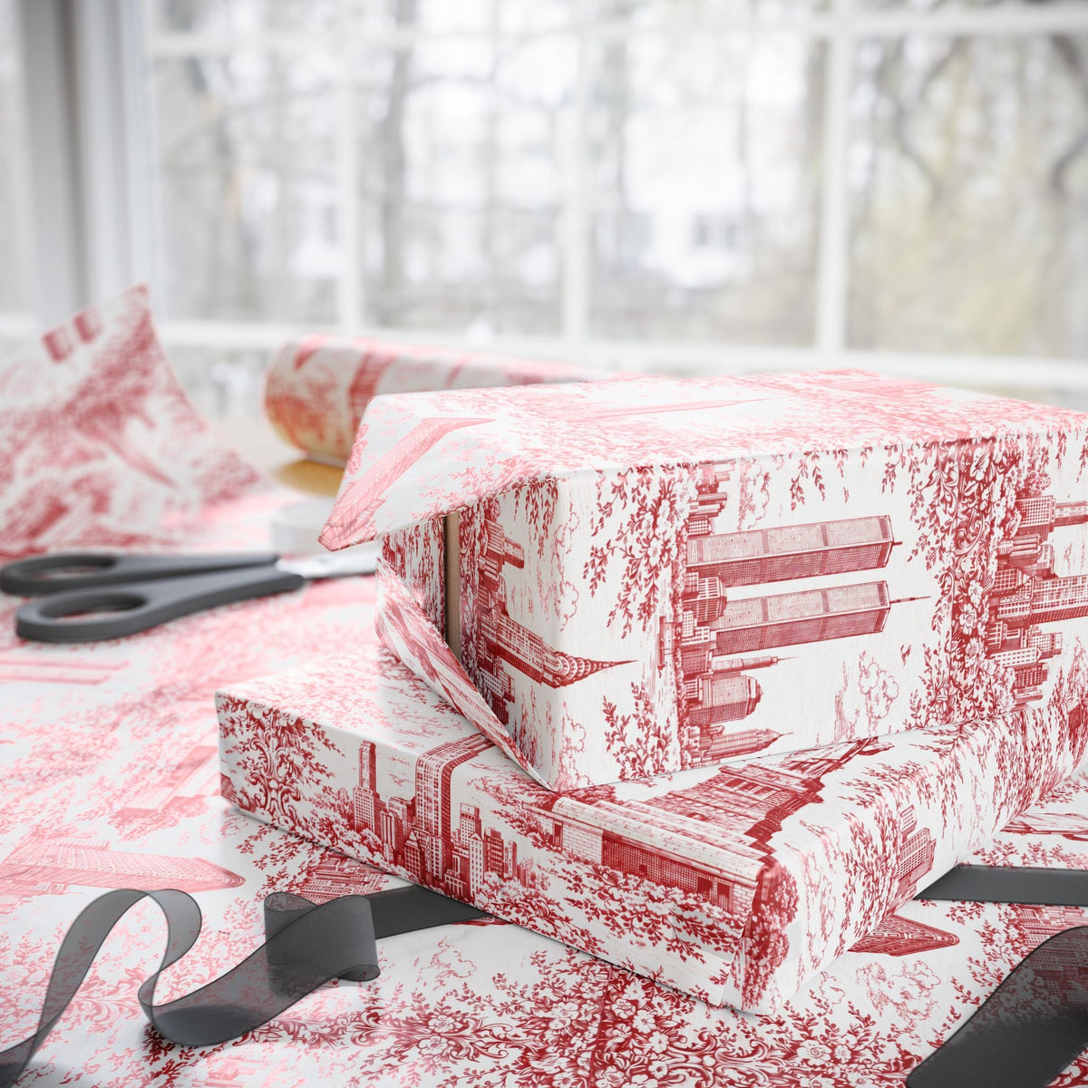Manhattan NYC Red Toile Gift Wrapping Papers Chinoiserie Old New York City Gift Wrap Empire State Building Twin Towers Statue of Liberty