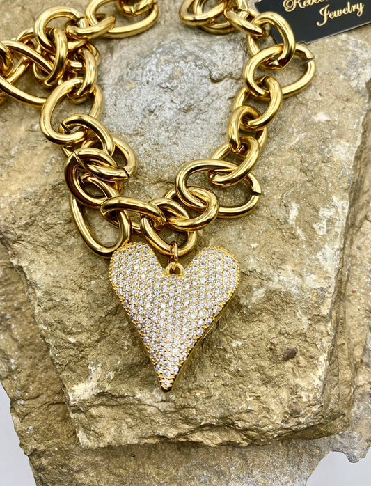 Rebecca Ray Chunky Gold Heart Statement Charm Necklace