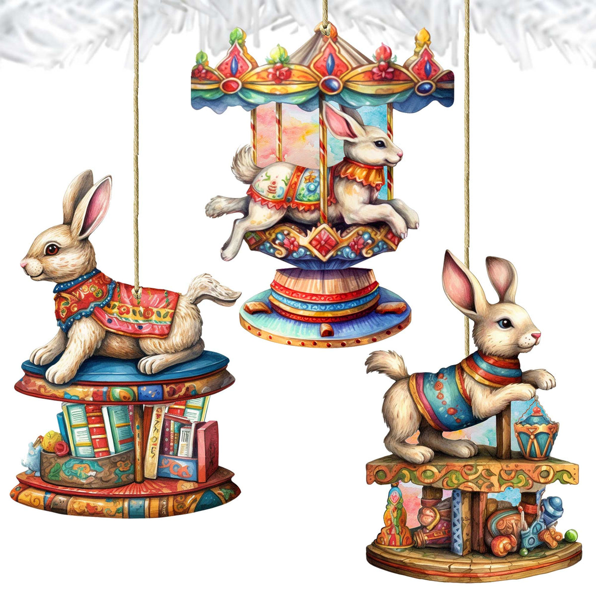 Carousel Bunnies Wooden Ornaments Set of 3 by G. Debrekht - Christmas Decor - 8100195S3