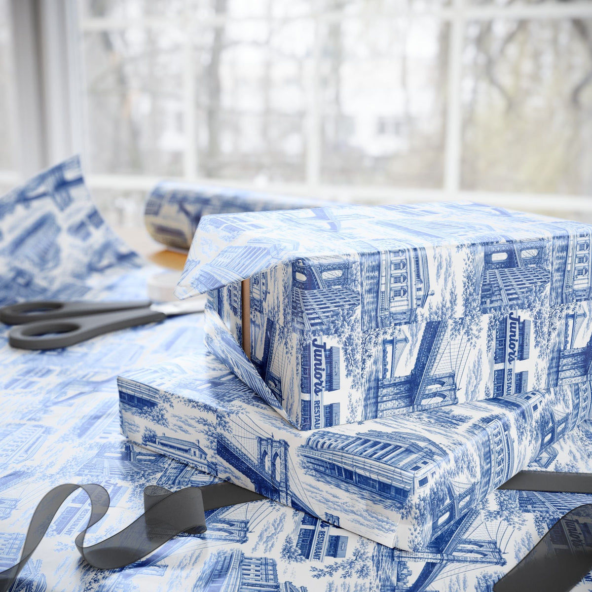 Brooklyn NYC Blue Toile Gift Wrapping Papers Chinoiserie New York City Gift Wrap Brooklyn Bridge Prospect Park Junior's DUMBO Museum