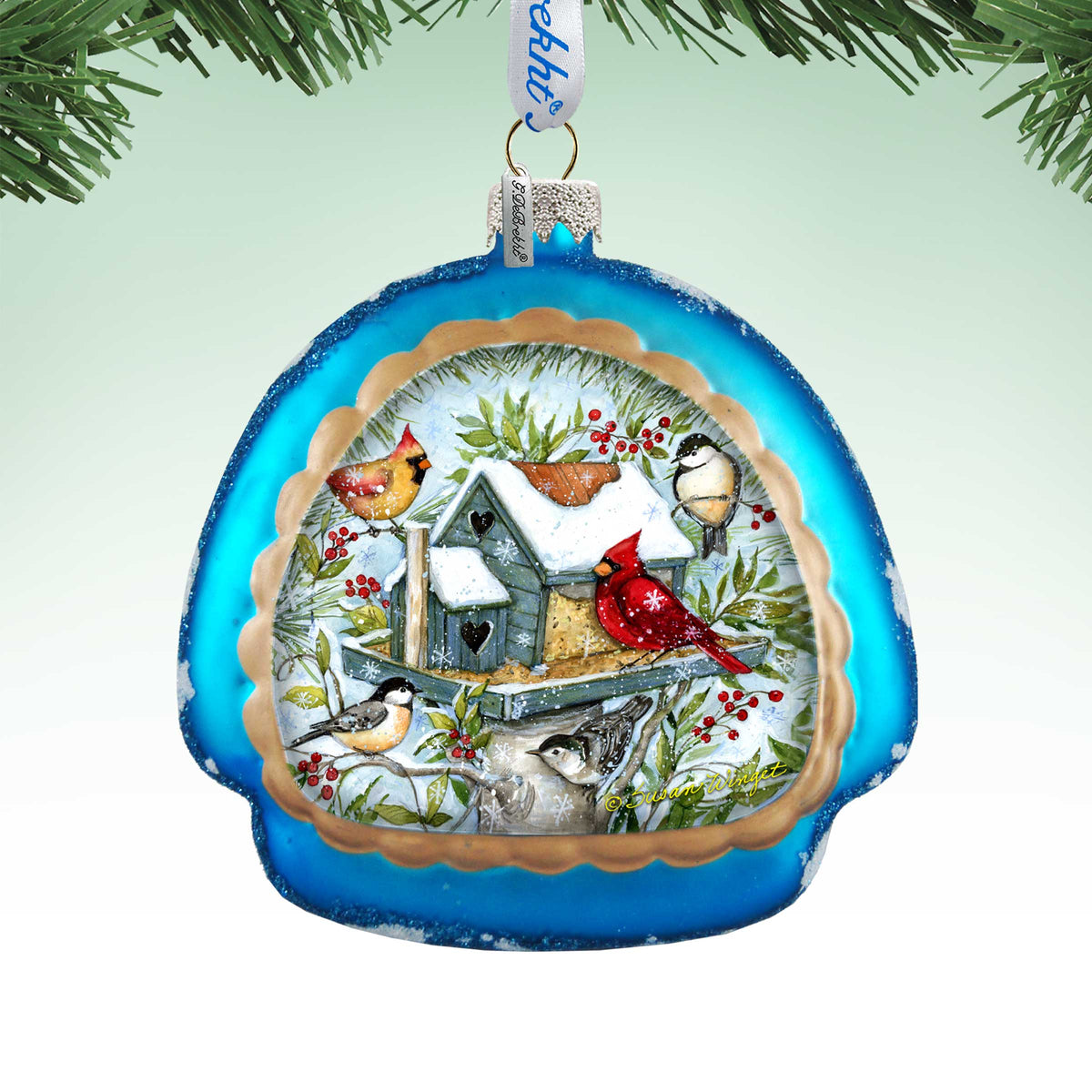 Mercury Glass Birdhouse - Winter Cardinals - Christmas Tree Decor by Susan Winget - Welcome Winter - Handmade Gift - Handblown Glass - 756-115-SW
