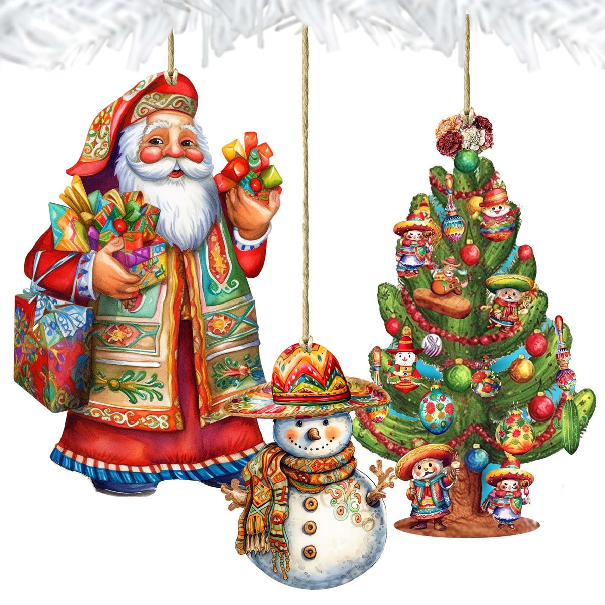 Santas Around the World - Mexican Inspired Santa - Eco Wood Ornaments Set of 3 by G. DeBrekht Christmas Santa Snowman Decor - 8091308S3