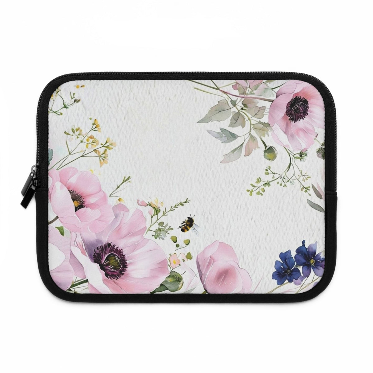 Pink Anemone Floral Laptop Sleeve | Watercolor Bee Tech Cover for Women