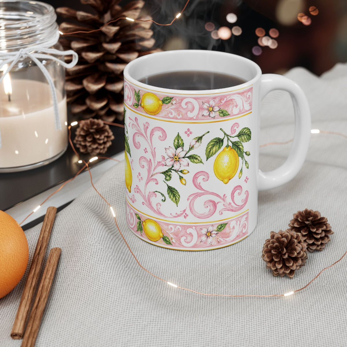 Little Italy Amalfi Pink with Lemon Mug — Italian Mediterranean Pattern Coffee Cup (11oz)
