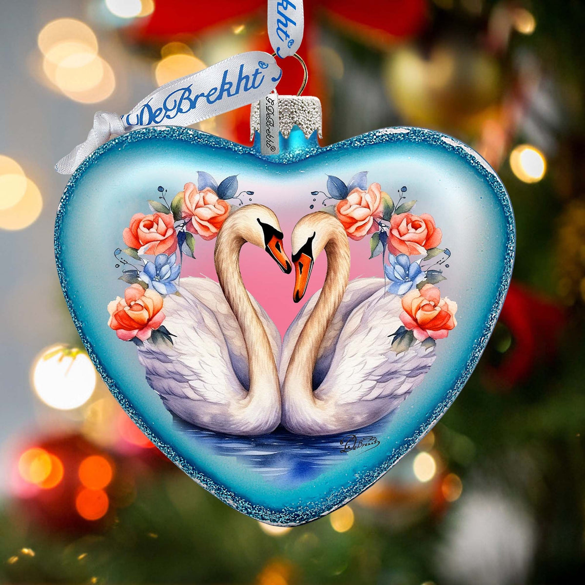 Swan Love Heart Glass Ornament by G. Debrekht - Christmas Decor - 753-012