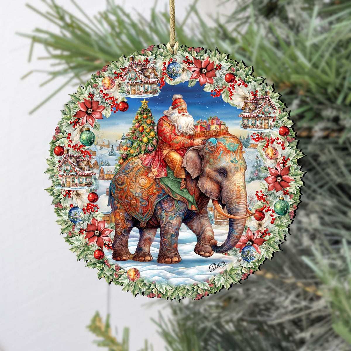Santa on Elephant Wreath Wooden Ornaments by G. Debrekht Christmas Santa Snowman Decor - 8611043
