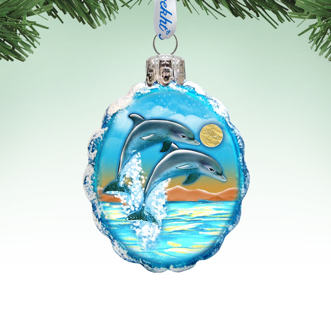 Flower Dolphins Mercury Glass Ornament by G. DeBrekht - Coastal Holiday Decor - 777373