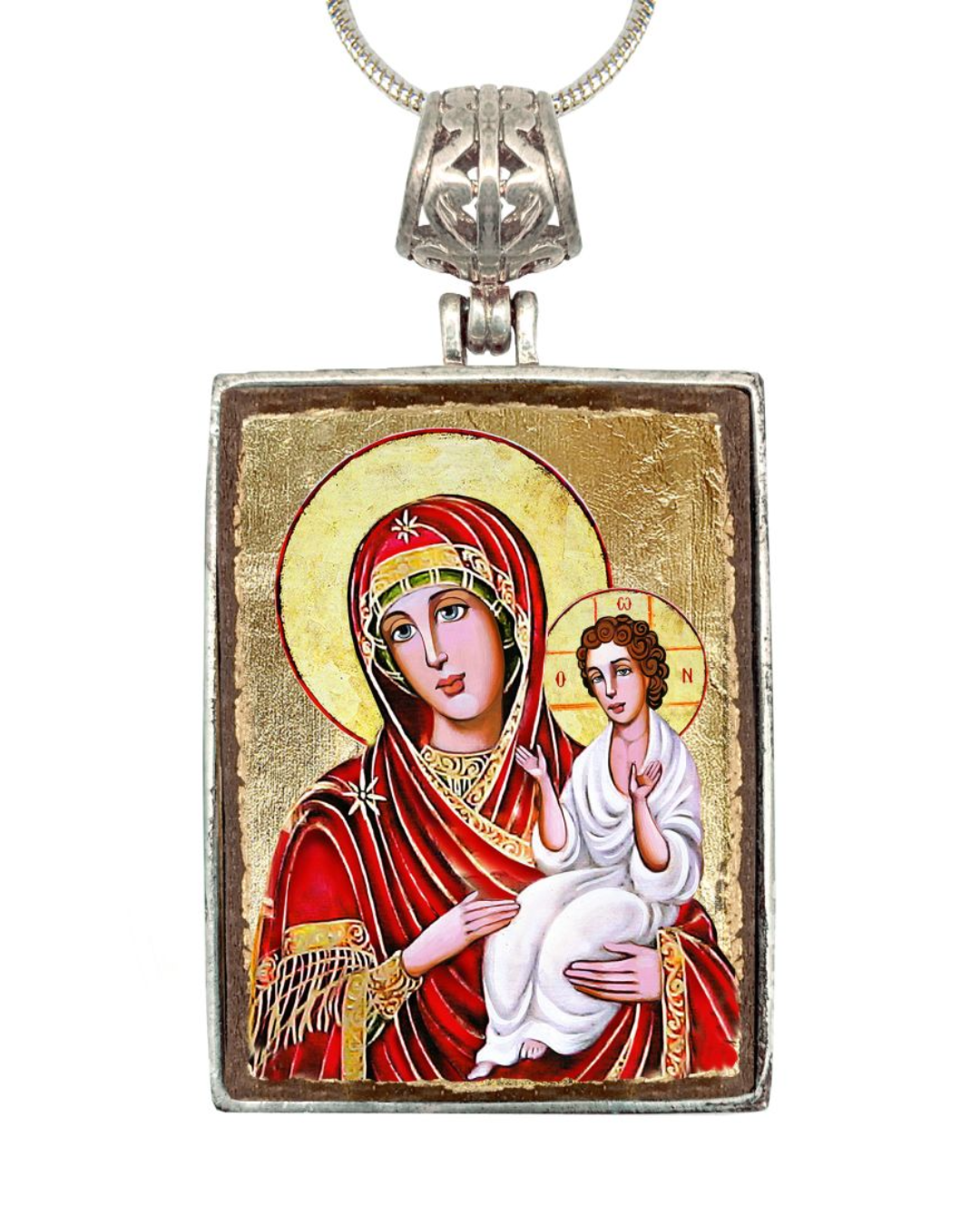 Virgin Mary Directress Religious Jewelry Silver Plated Necklace, Gold-Plated Wooden Cabochon - Orthodox Sacred Icon - Inspirational Icon Decor - 43029R