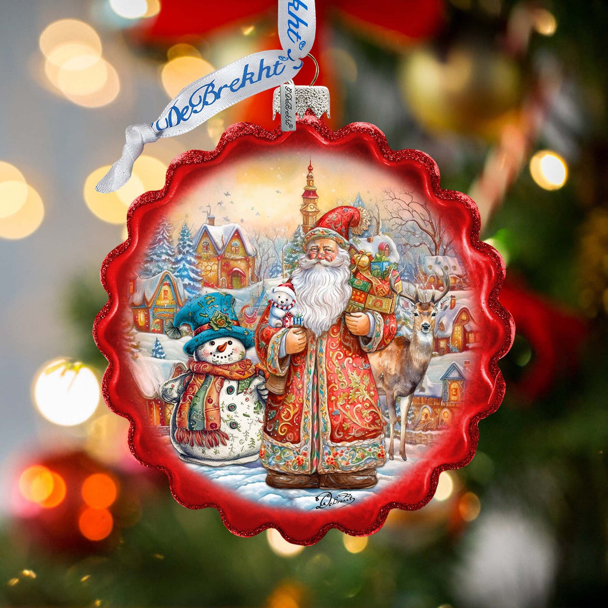 Merry Christmas Wreath Glass Ornament by G. Debrekht - Christmas Santa Snowman Decor - 759-058