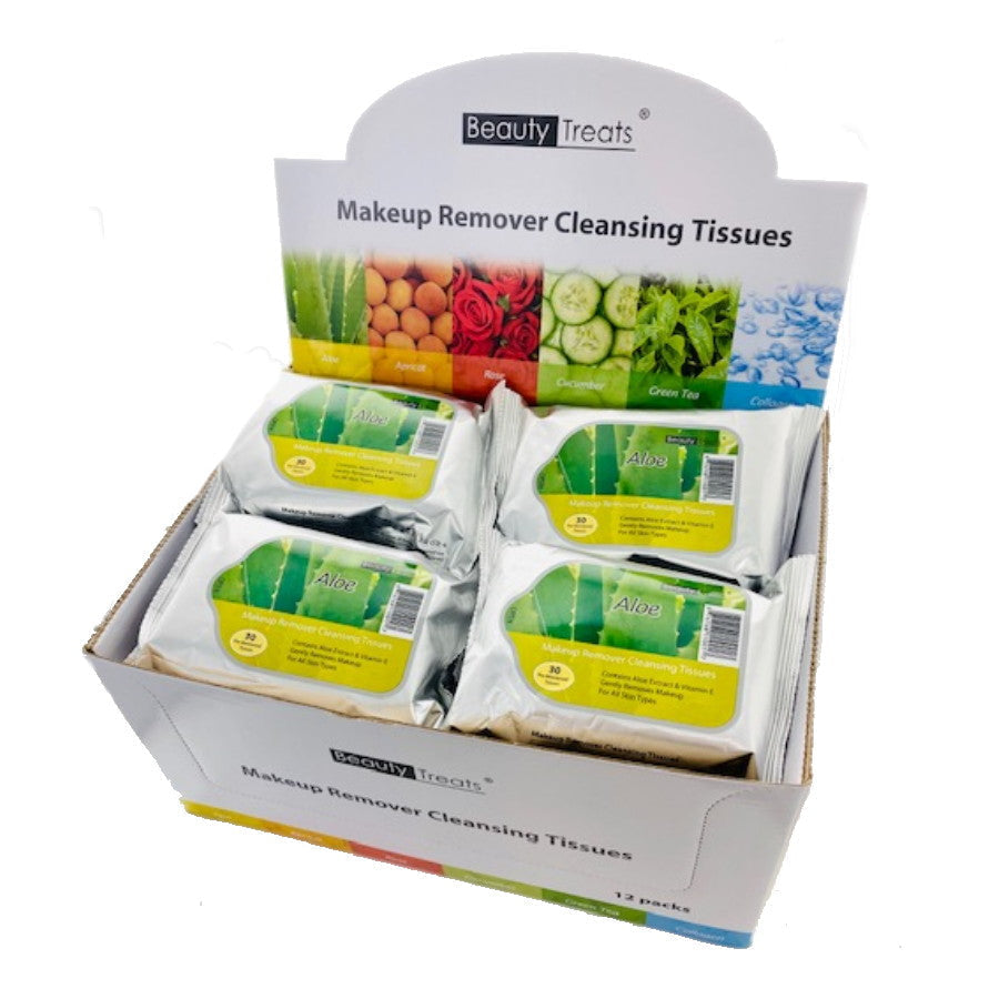BEAUTY TREATS Makeup Remover Cleansing Tissues - Aloe - Display Set, 12 Pieces - Aloe
