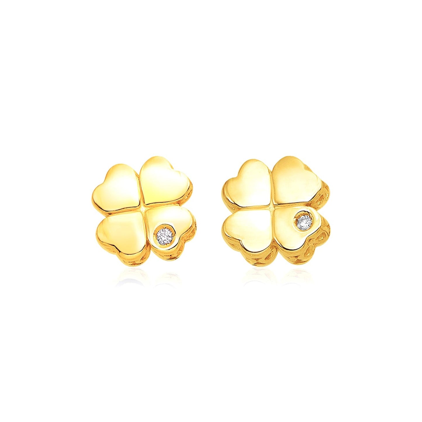 14k Yellow Gold Polished Four Leaf Clover Earrings with Diamonds(7mm)