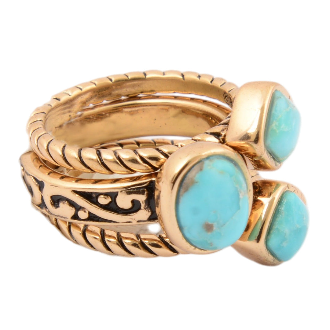 Multi-Shape Blue Turquoise and Golden Trio Ring Set