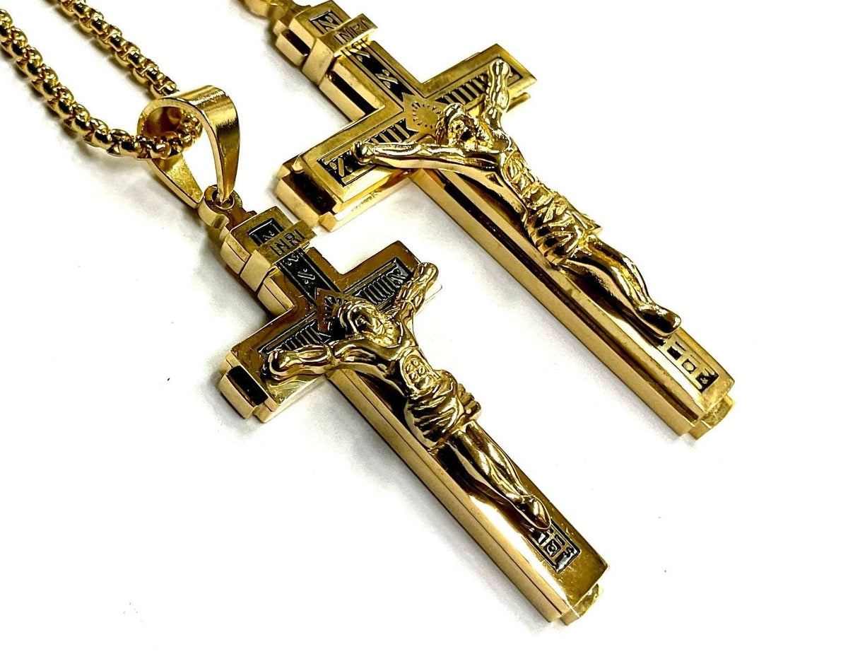 Large Gothic Cross Crucifix Necklace for Men Gold and Black INRI Catholic