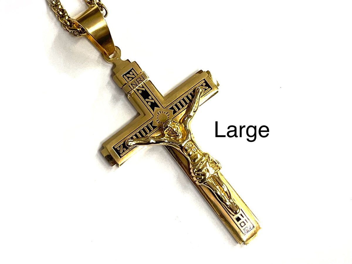 Large Gothic Cross Crucifix Necklace for Men Gold and Black INRI Catholic