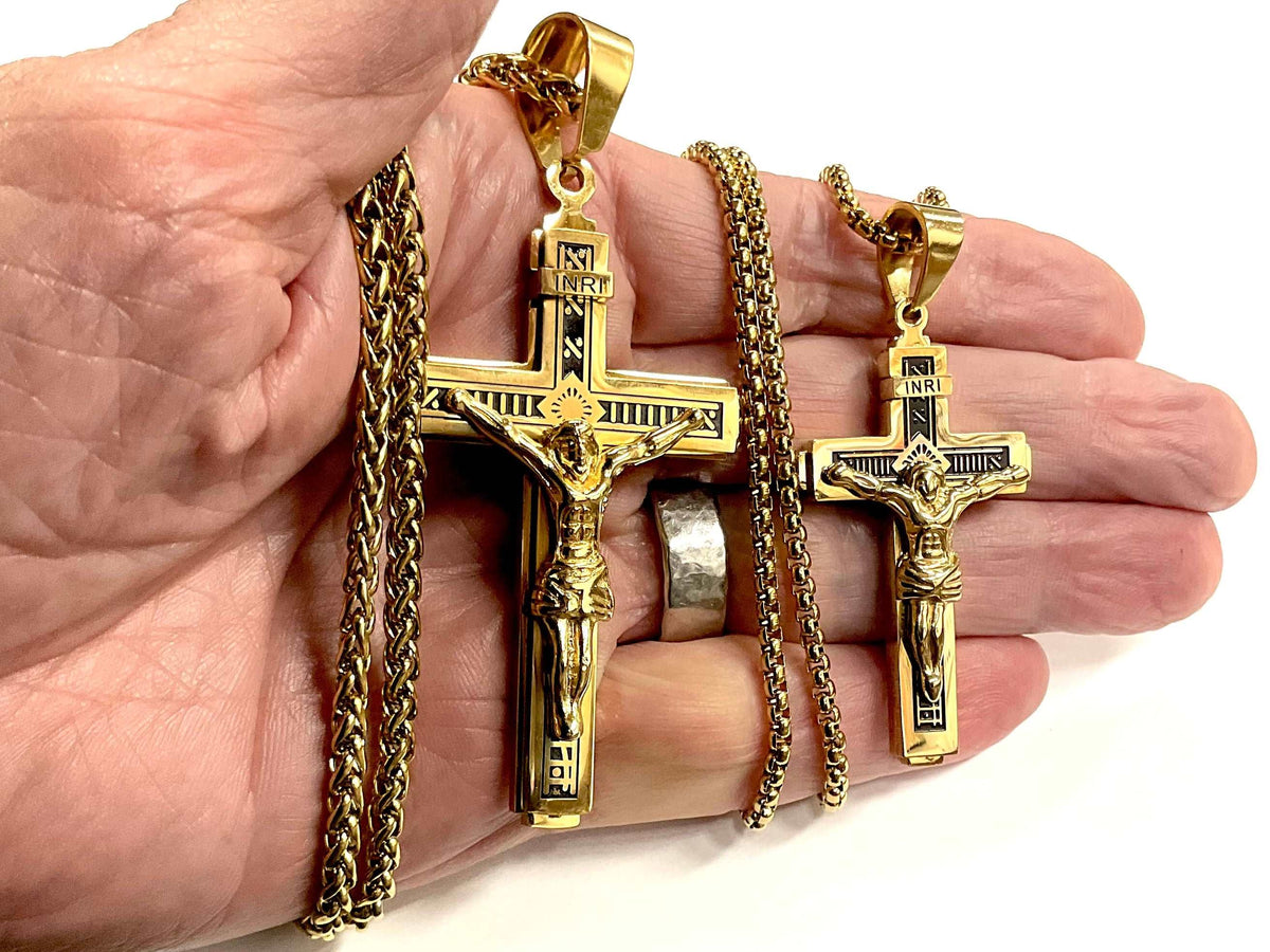 Large Gothic Cross Crucifix Necklace for Men Gold and Black INRI Catholic