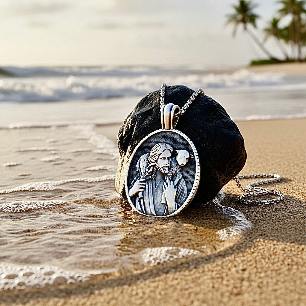 Gorgeous Jesus Shepherd Carrying a Sheep Lamb Antiqued Tin Medal Cast Medallion Integrated Bail with Cross