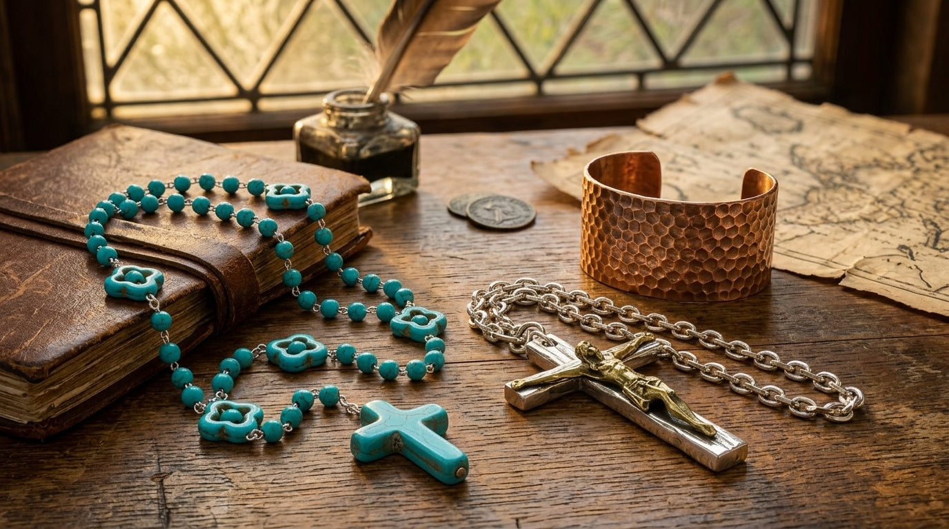 Rosary Natural Stone Crucifix Necklace Catholic 5 Decade Turquoise Prayer Beads Virgin Mary Pendant Orthodox Catholic Cross Round Beaded
