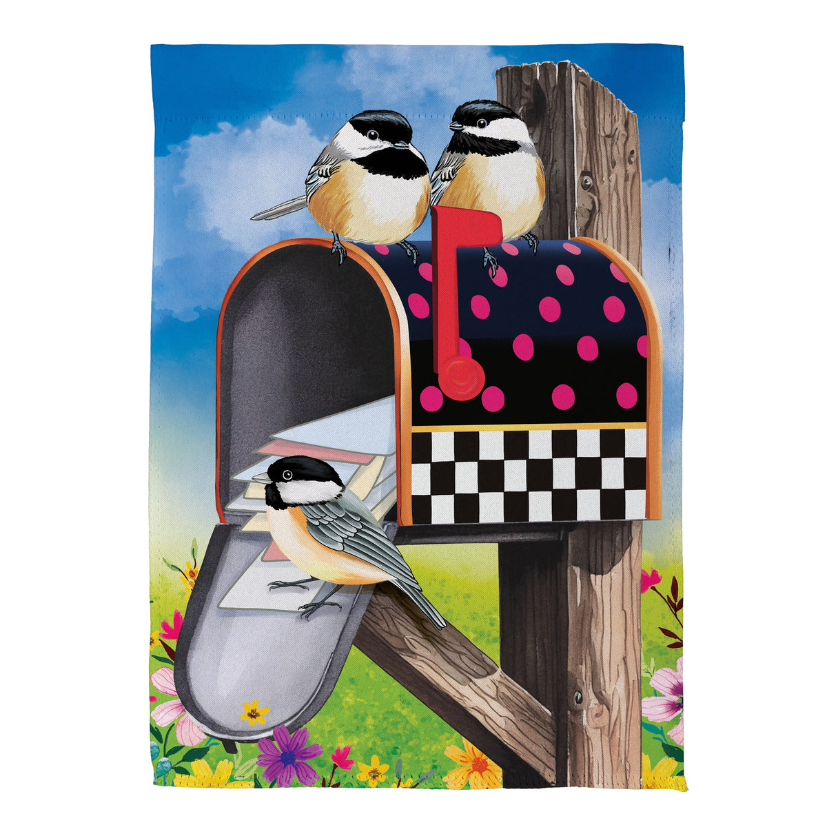 Delivery Chickadees Suede Garden Flag