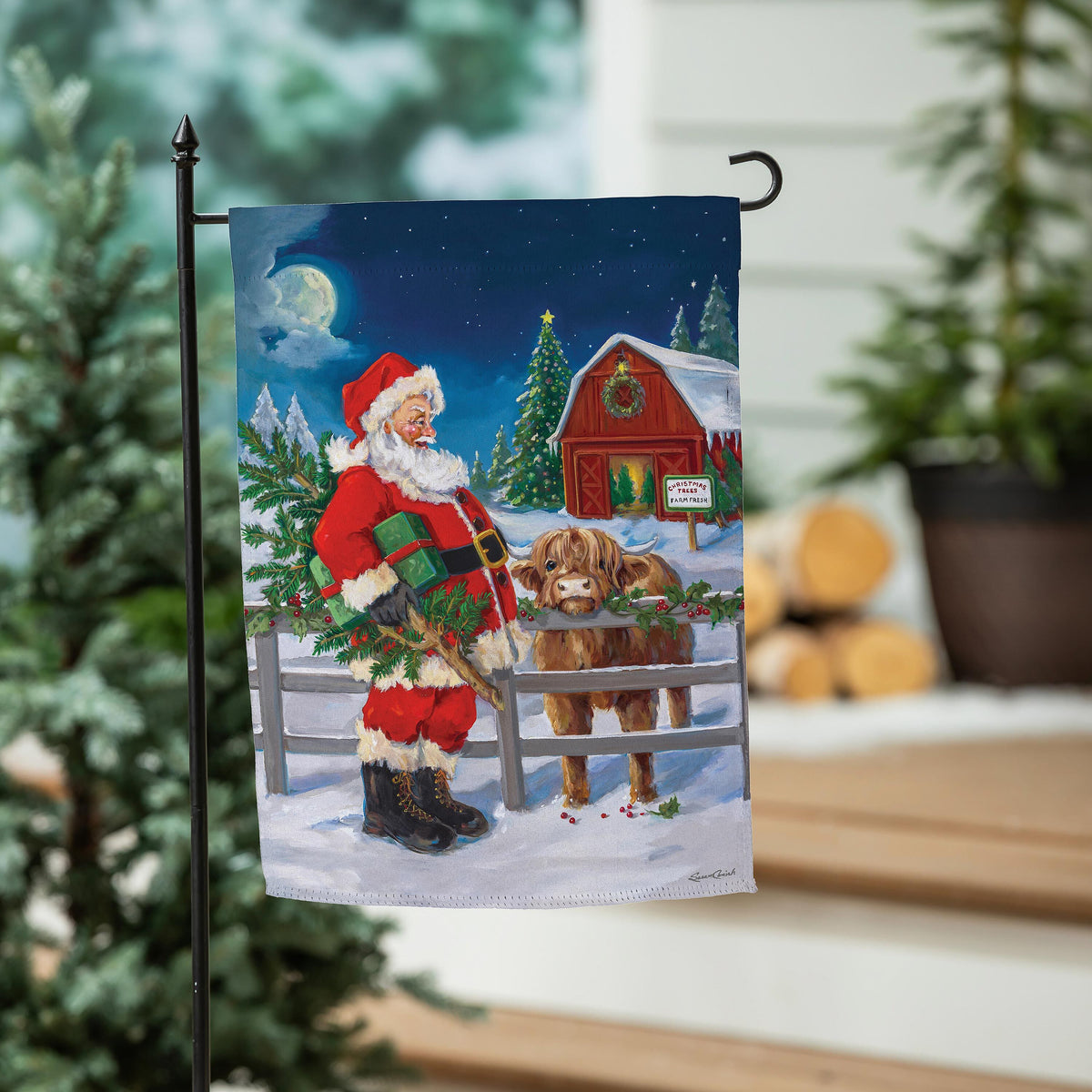 Santa & Highland Cow Suede Garden Flag