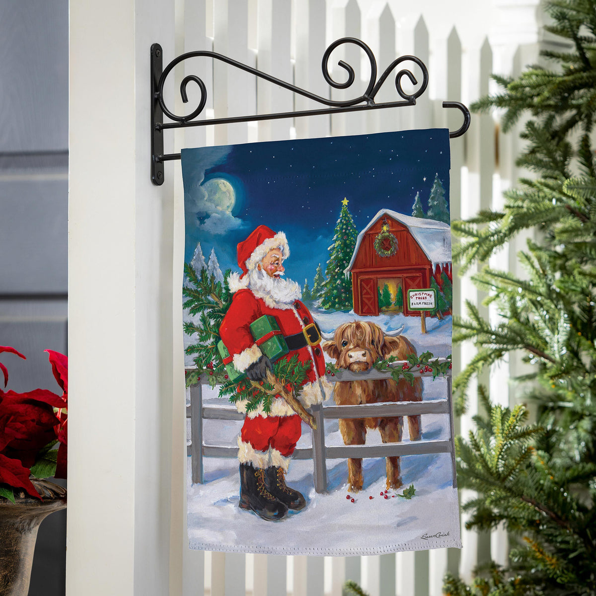 Santa & Highland Cow Suede Garden Flag