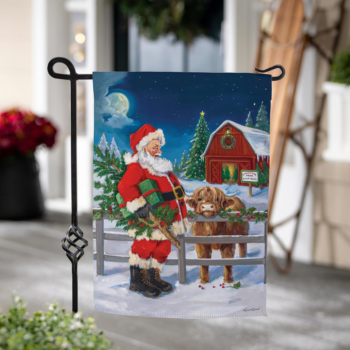 Santa & Highland Cow Suede Garden Flag