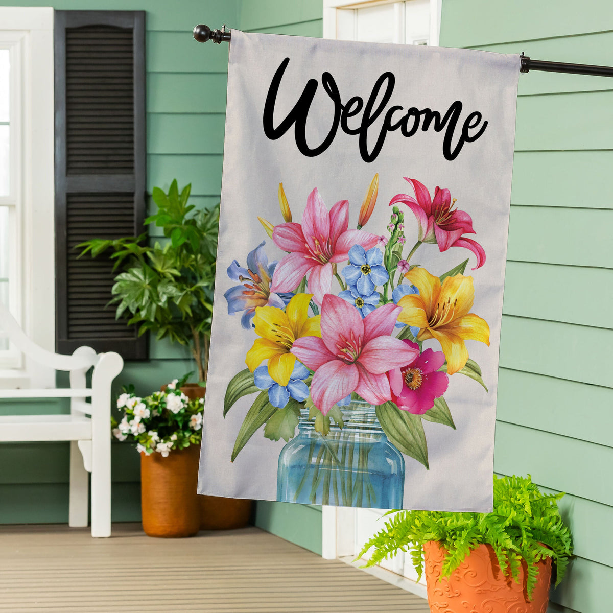 Floral Jar Welcome Burlap House Flag