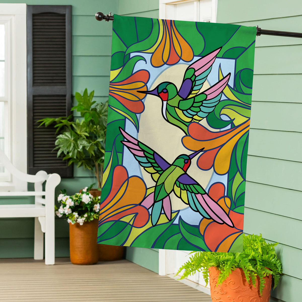 Stained Glass Hummingbirds Burlap House Flag