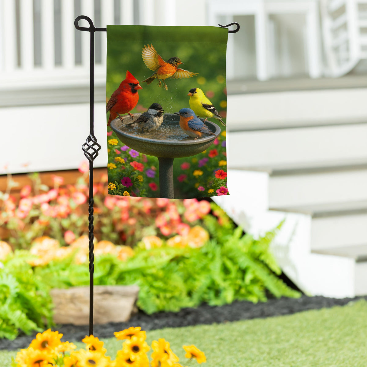 Bathing Birds Suede Garden Flag
