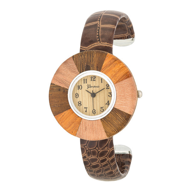 Avera Brenna Wood Inspi Leather Cuff Watch