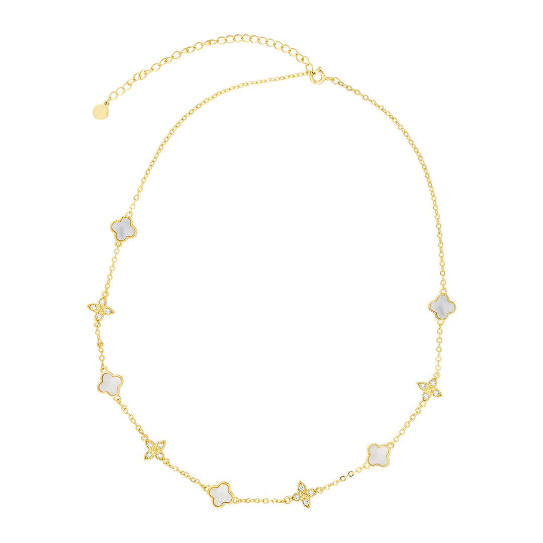 14K Gold Plated Mixed Mother of Pearl and CZ Clover Station Necklace