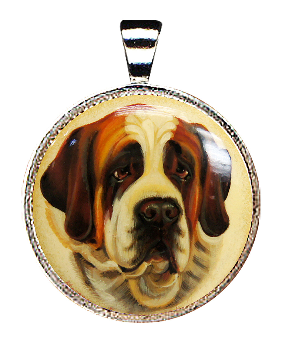 Saint Bernard Dog Silver Plated Mother of Pearl Jewelry Pendant Necklace - 44030D1